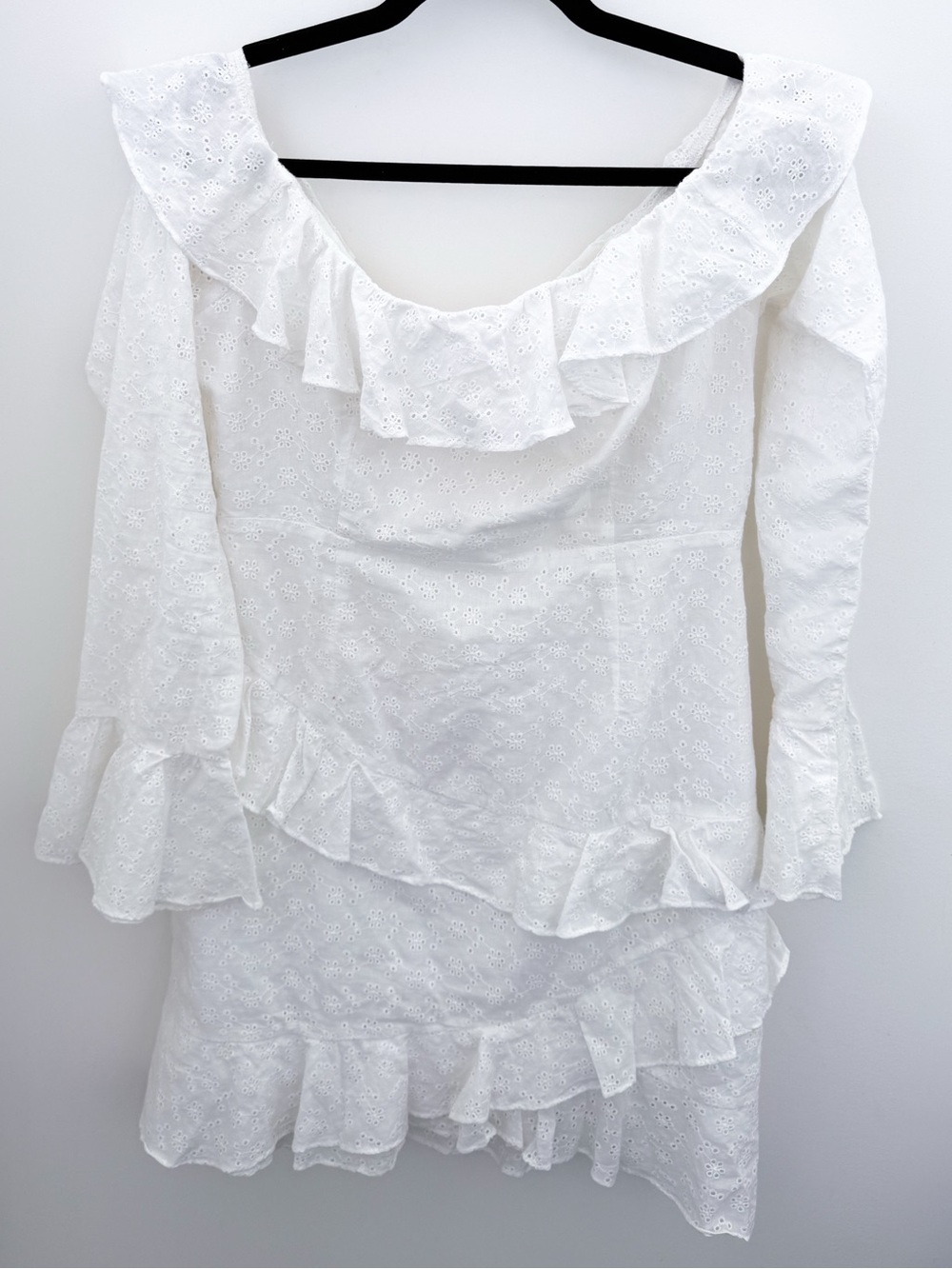 SABO LUXE White Eyelet Ruffle Mini Dress | Open Back | 100% Cotton | Size L - Picture 3 of 13